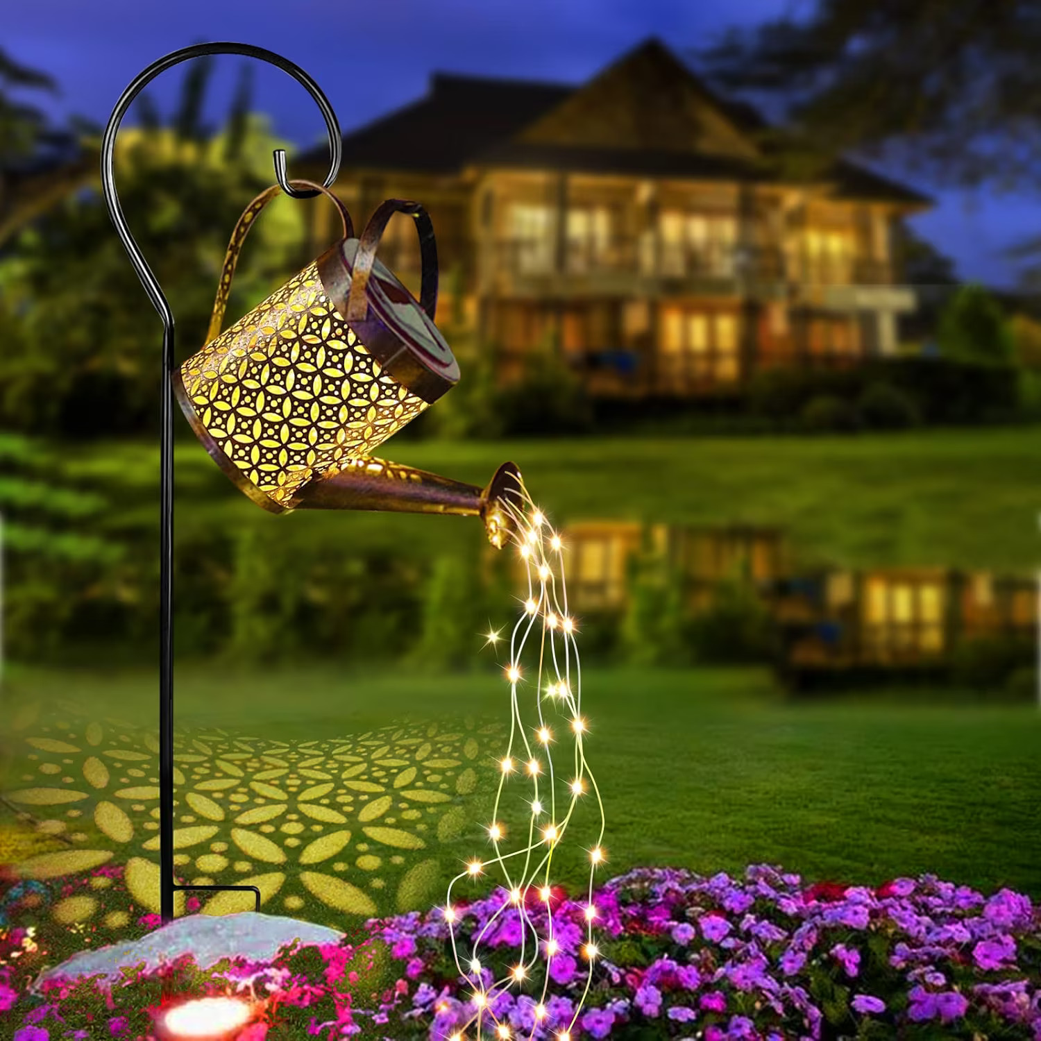 AKOFIC Solar Watering Can Lights, Star Shower Garden Art LED String Lights Outdoor Metal Waterproof Hanging Lantern