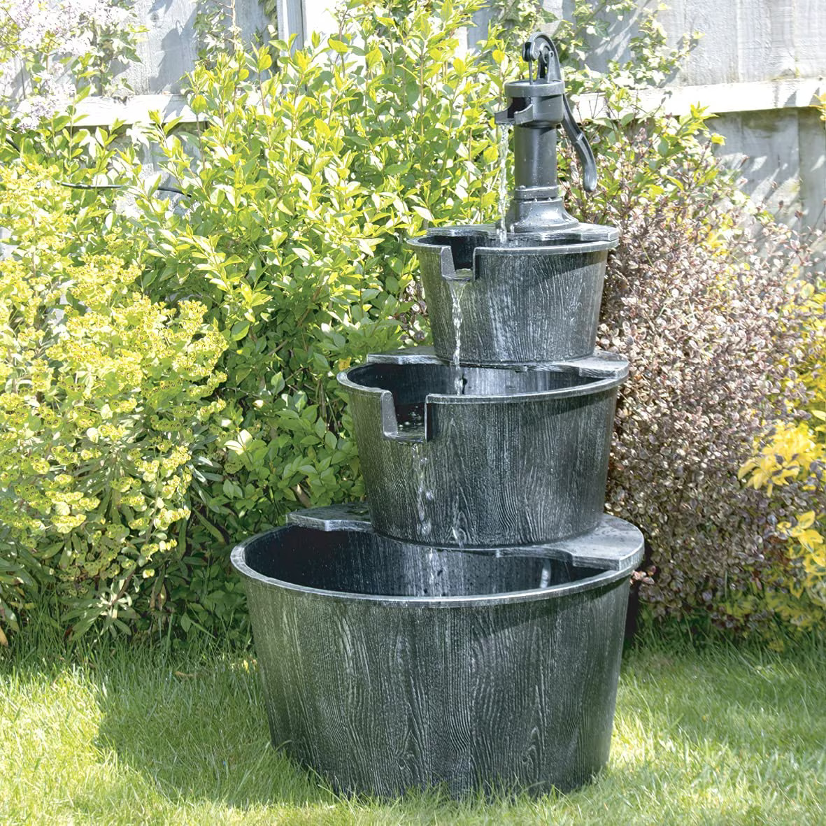 GardenKraft 21409 3 Tier Antique Silver Barrel Fountain/Cascading Water Feature