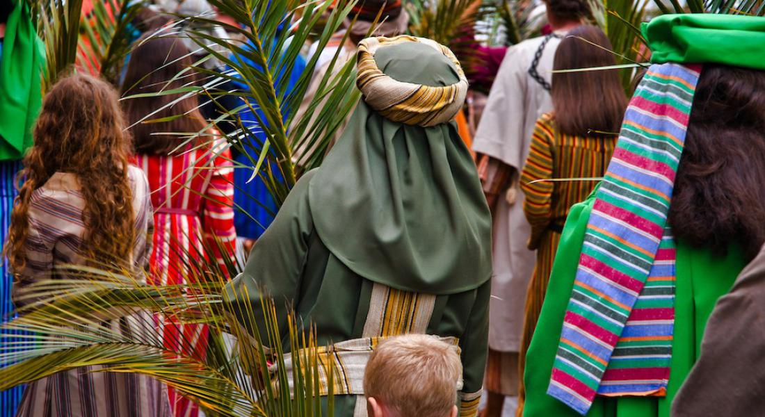 A group of people walking on Palm Sunday