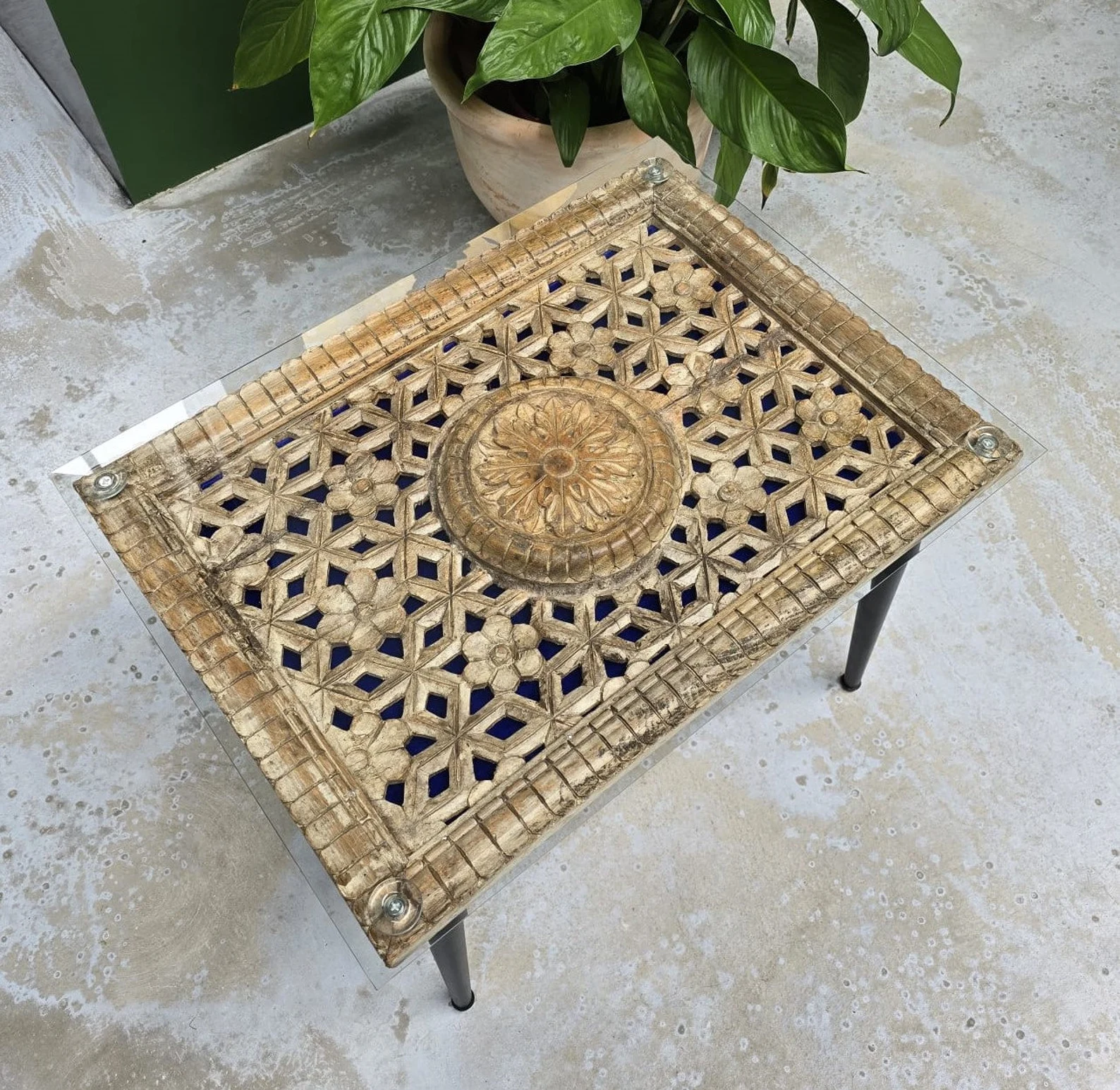Glass Top Coffee Table, Hand-Carved Jali Panel, with Backlight & Blue Raw Silk